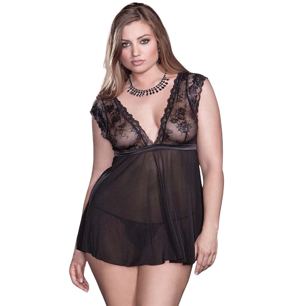 Plus Size 2X Black Babydoll Cap Sleeve Lace Open Bow Back Lingerie -8199 - Picture 3 of 9
